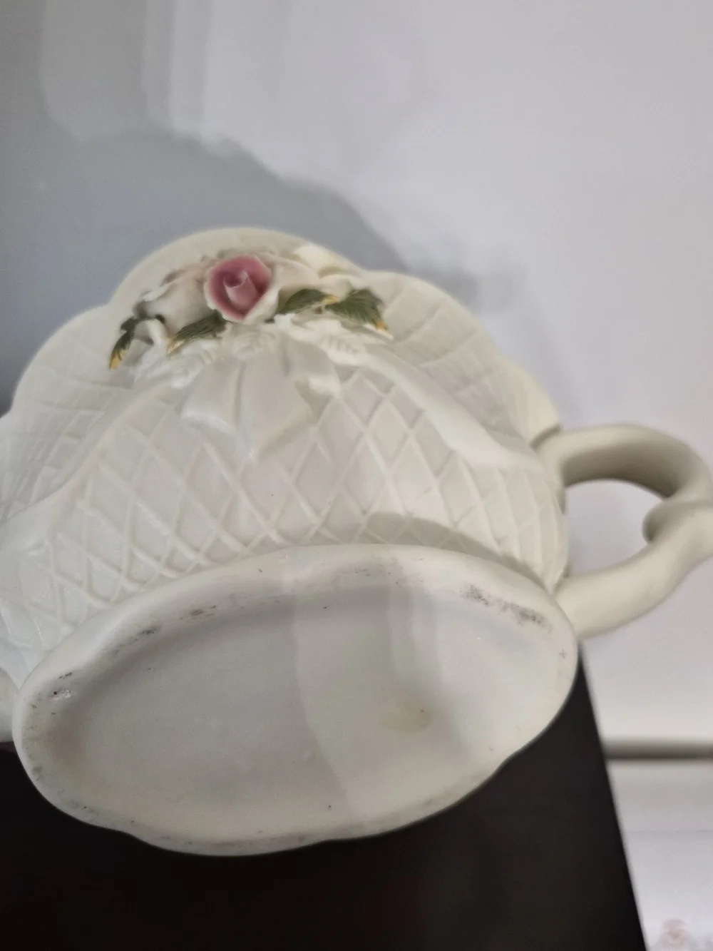 White Ceramic Decorative Planter with Pink & Cream Porcelain Roses